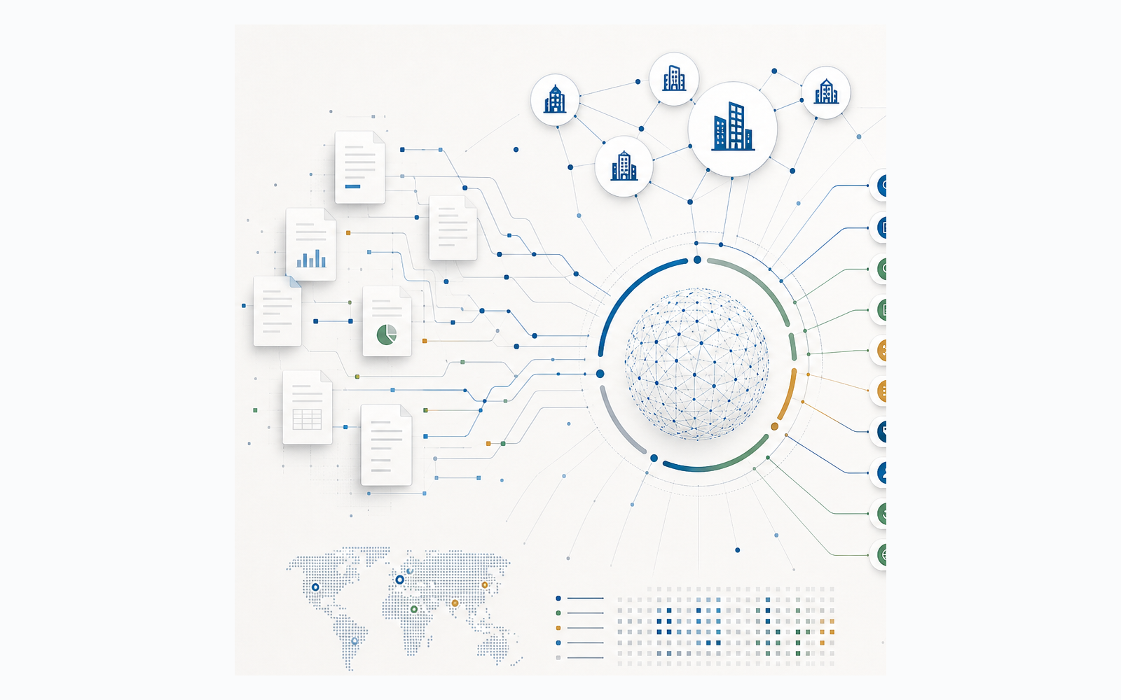 Abstract NLP vendor intelligence map with documents, company nodes, and capability signals